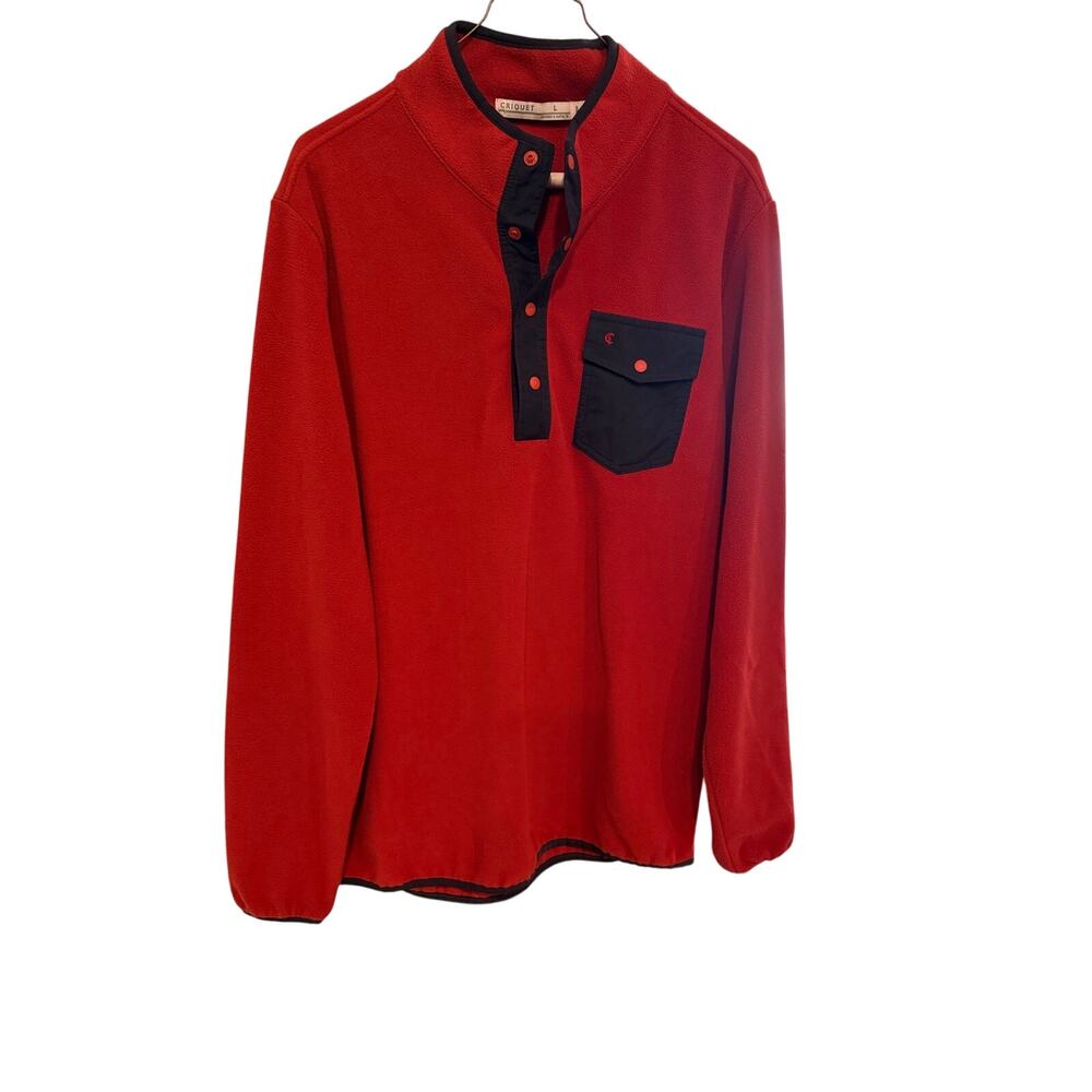 Criquet Men's  Preppy Red Fleece Henley Pullover with Black Contrast Trim